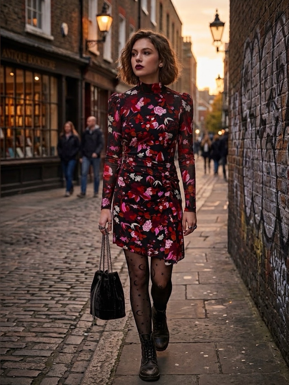 ALC Black Floral Silk Stretch Mock Neck Long Sleeve Mini Dress - US 2 / XS NWT
